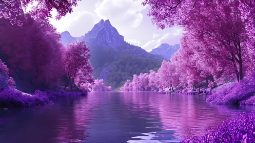 Landscape shows violet river valley with symmetrical tree rows