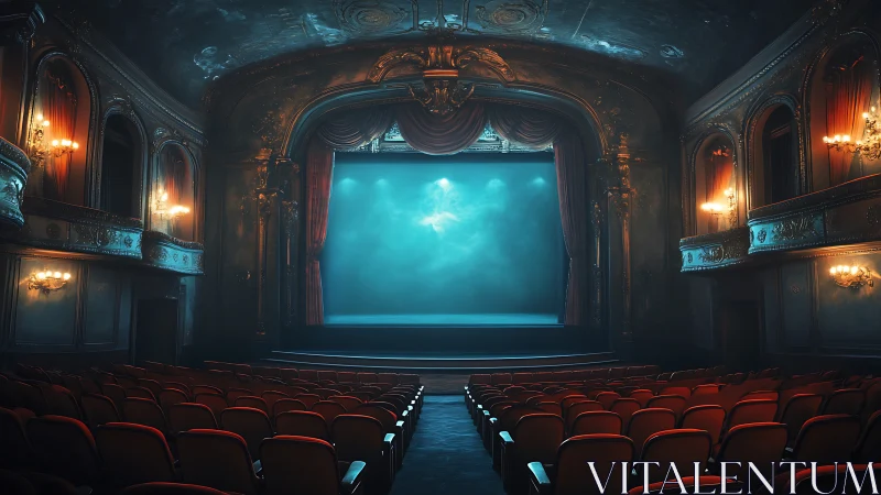 Cinematic view into an empty ornate theater with misted stage