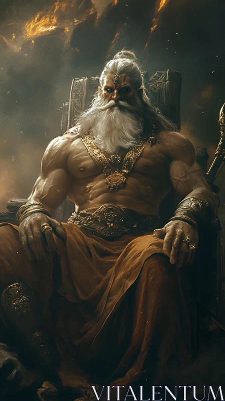 Mythic warrior king on throne under stormlit embers
