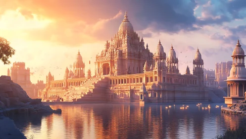 Sunlit riverside temple complex in luminous morning haze.