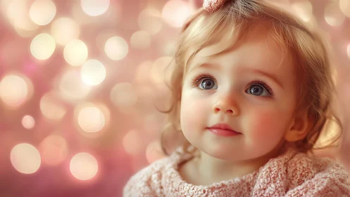 Serene toddler in soft pink portrait with bokeh lights.