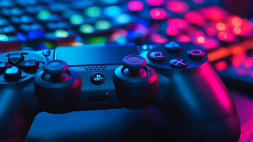 Gaming controller under dual-color RGB bokeh lighting with shallow focus