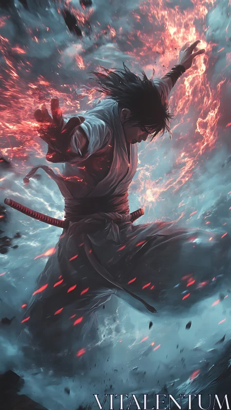 Fiery samurai warrior diving through storm and embers.