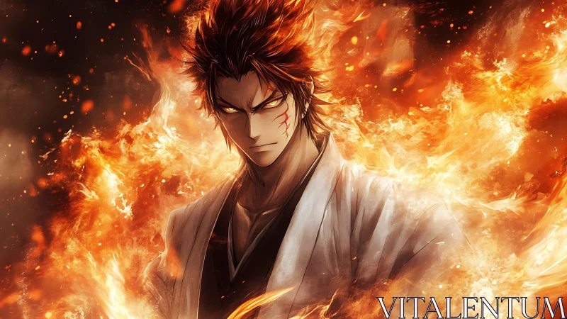 Fire-wreathed warrior locks eyes with the viewer and refuses mercy