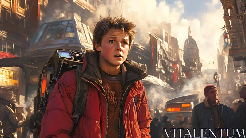 Teenager with backpack stands in dense futuristic city street