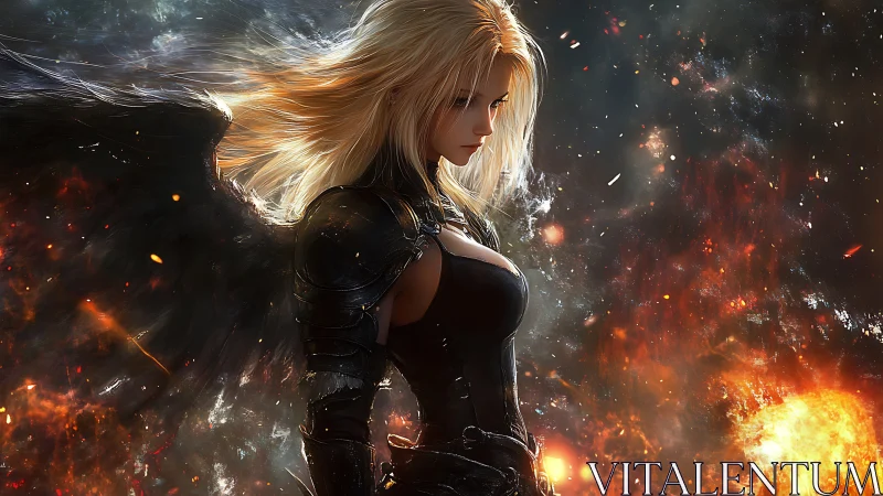 Dark winged warrior stands in burning cosmic battlefield