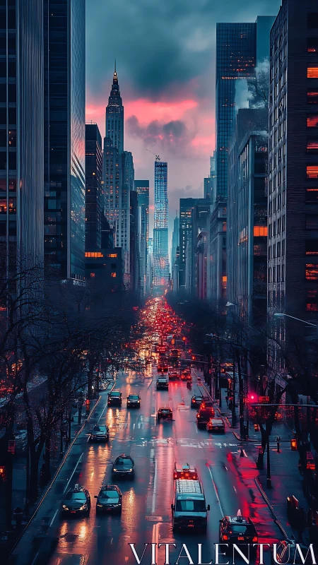 Moody city avenue glowing under a stormy pink twilight.