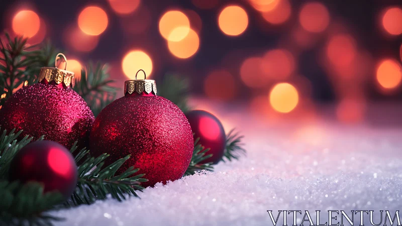 Red spherical ornaments rest on snow with out of focus lights