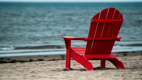 Red Adirondack chair on overcast shoreline with gentle surf