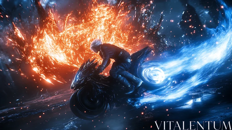 Cybernetic rider on energy bike crossing elemental firestorm