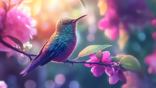 Glowing hummingbird resting softly among dreamy blossoms.