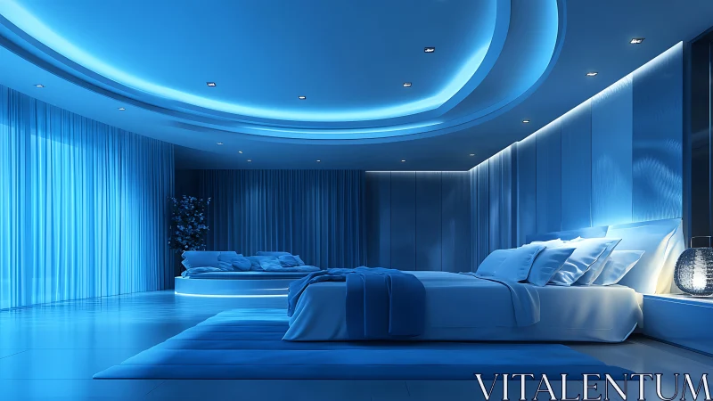 Futuristic blue bedroom interior uses curved lighting design