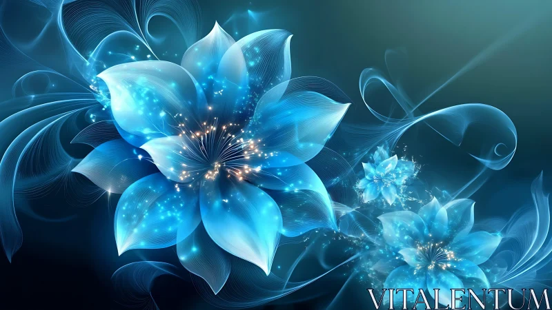 Digital blue floral composition with luminous particle details.