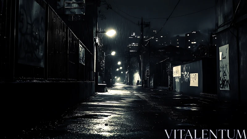 Rainy urban alleyway at night with wet reflective street.