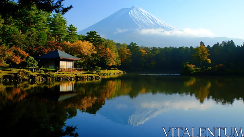 Mountain lake landscape with reflective symmetry and autumn foliage