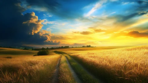 Sunlit wheat fields under dramatic stormlit evening sky.