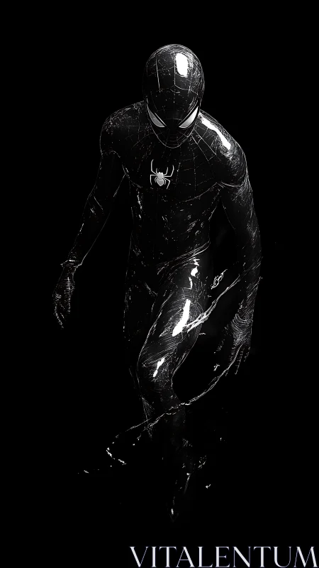 Black-suited spider-themed figure in high contrast lighting.