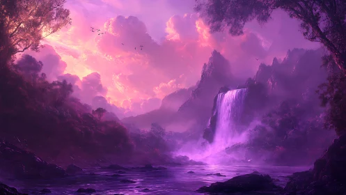 Dreamlit violet waterfall under radiant celestial clouds.