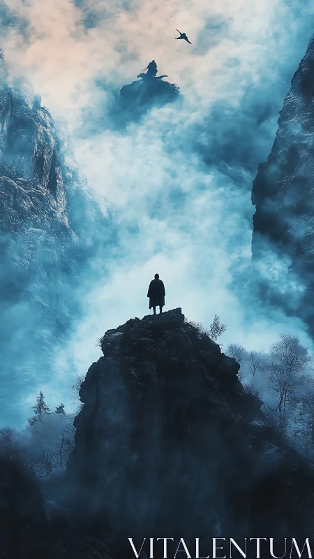 Solitary human figure stands on dark rock amid dense mountain mist