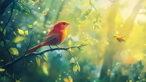 Vibrant Songbirds in Sunlit Forest, Dreamy Digital Art Style.