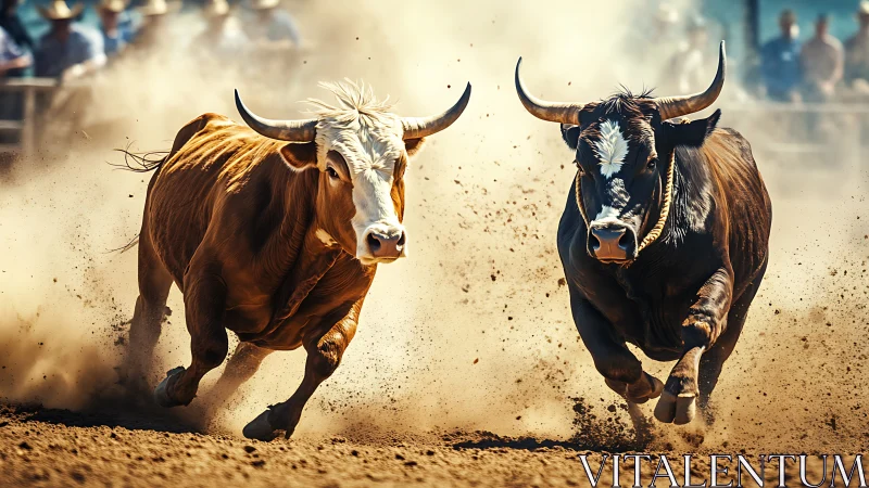 Stampeding rodeo bulls charging through swirling arena dust.