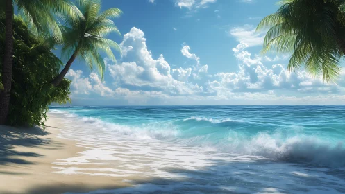 Tropical shoreline with palm trees and breaking ocean waves.