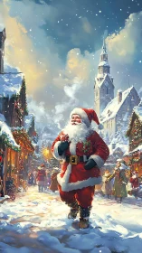 Joyful Santa strolls through a snowy, glowing Christmas village