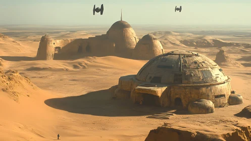 Desert planetary outpost with domed structures and starfighters
