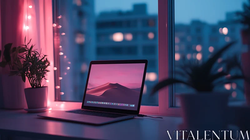 Open laptop glows in neon-tinted home office at blue hour