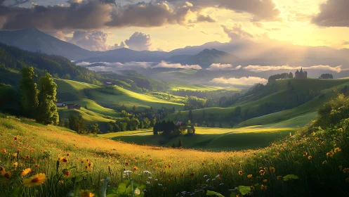 Sunlit hills, distant mountains and layered valley fields