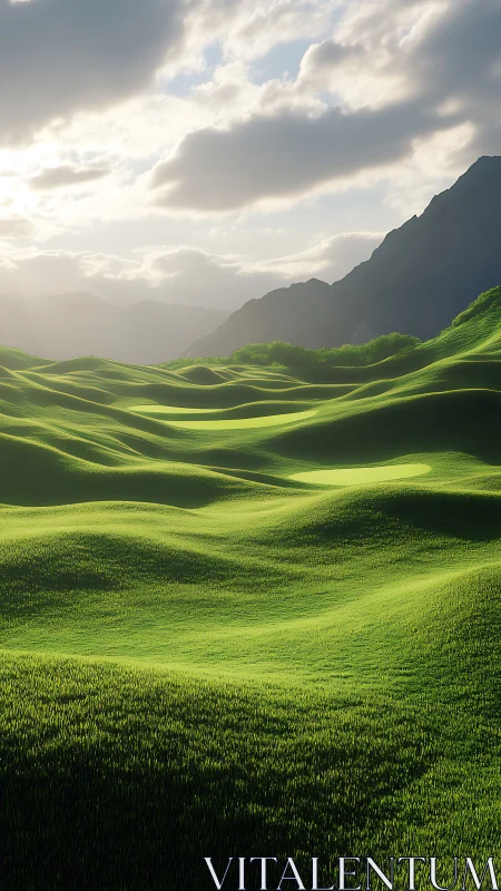 Sunlit green hills rolling under dramatic cloudy sky.