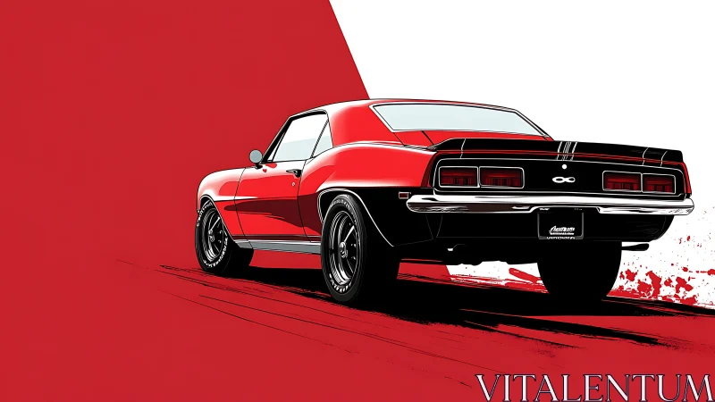Crimson muscle car slices through a bold red and white horizon