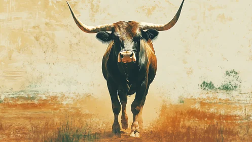 Longhorn monarch strolls forward through painted dust