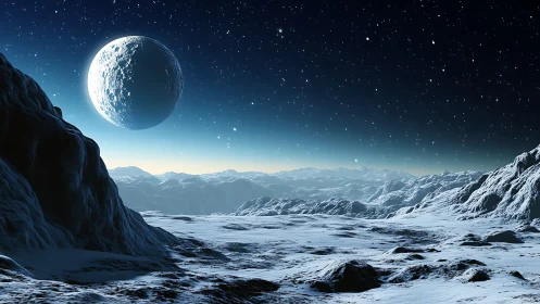 Gentle moonrise over a quiet frozen alien valley.