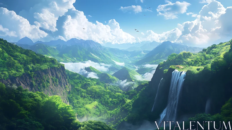 Lush mountain valley panorama with waterfall focal cascade.