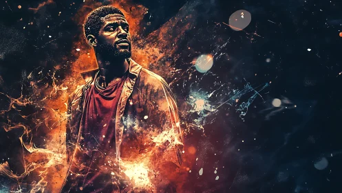 Digital portrait of a man amid abstract flame effects