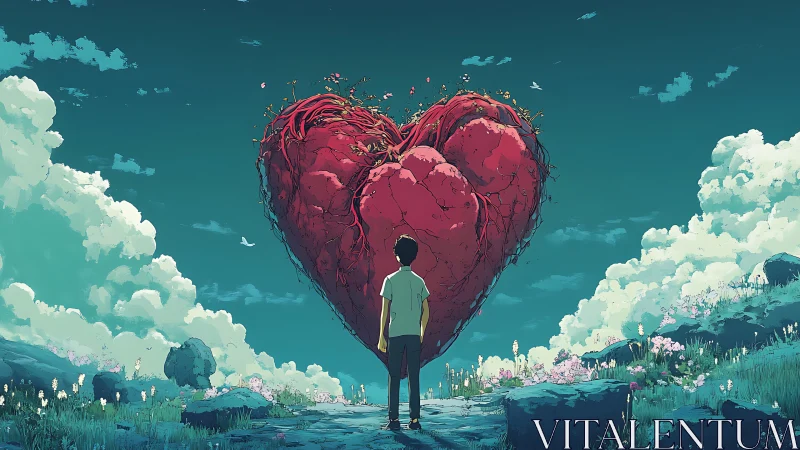 Boy Gazing at Giant Red Heart in Dreamlike Sky