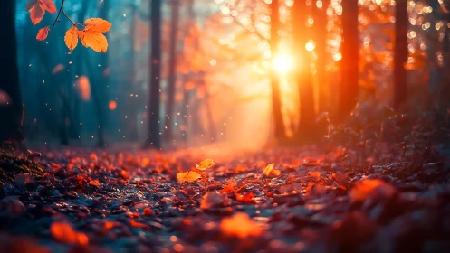 Sunlit autumn forest path glows in warm orange haze.