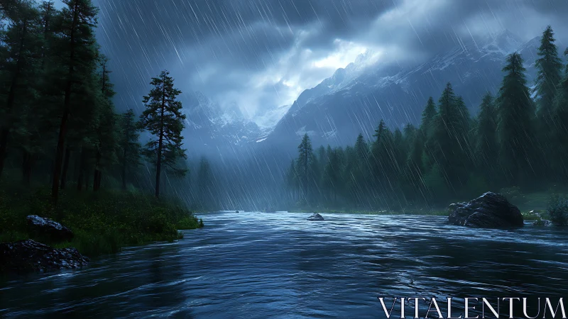 Nocturnal alpine riverstorm under dynamic volumetric rainfall.
