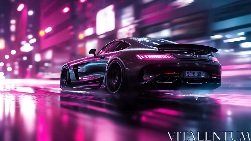 Neon‑lit sports coupe accelerates through wet city street at night
