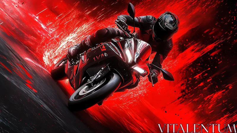 Motorcycle racer cutting through explosive red motion field.