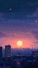 City skyline under purple dusk sky at glowing sunset.