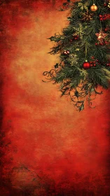 Festive evergreen cascade on textured crimson backdrop.