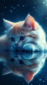 White cat with glowing ears in cosmic blue environment.