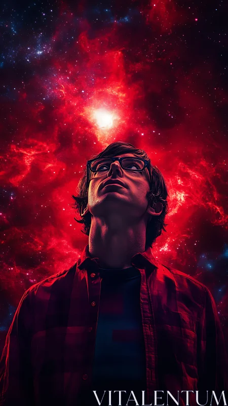 Young man under red cosmic nebula sky in vivid space scene.