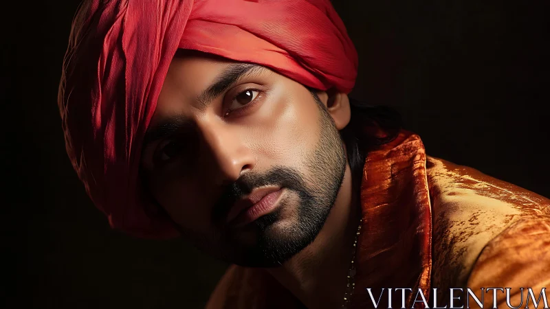 Portrait with red turban under warm dramatic lighting.