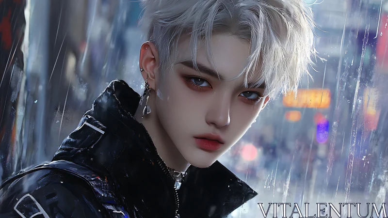 Androgynous figure in rain with neon city background view.