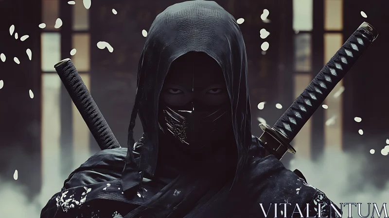 Masked cyber-noir ninja framed by twin katanas in bloom drift