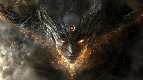 Mystic fireborn guardian emerging from swirling cosmic dusk.