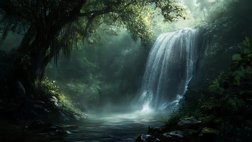 Mystical Waterfall Hidden in Lush Rainforest Canopy